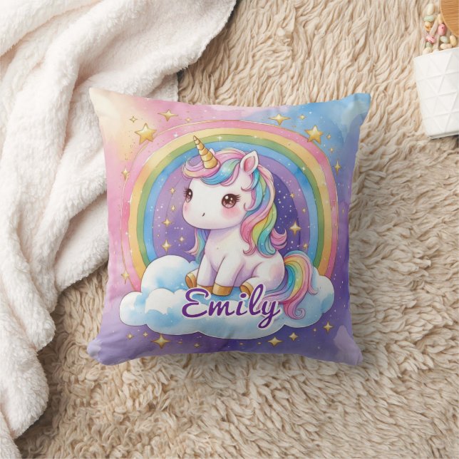 Rainbow Unicorn on Cloud Editable Name Pillow (Blanket)