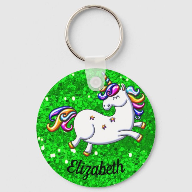 Rainbow Unicorn on Green Glitter Keychain (Front)