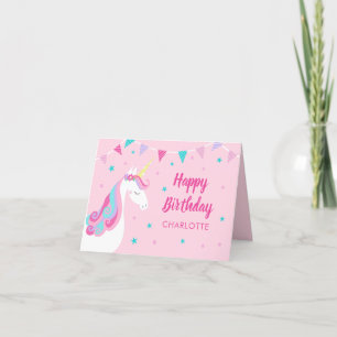 Rainbow Unicorn Personalized Pink Birthday Card