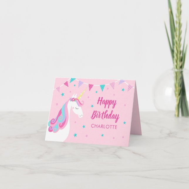 Rainbow Unicorn Personalized Pink Birthday Card (Front)