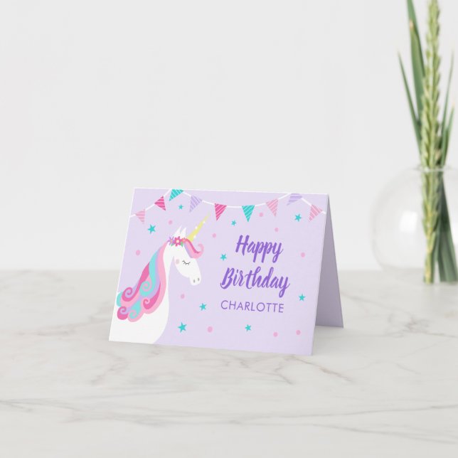 Rainbow Unicorn Personalized Purple Birthday Card (Front)