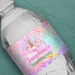 Rainbow Unicorn pink aqua birthday Water Bottle Label