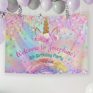 Rainbow Unicorn pink birthday welcome sign banner