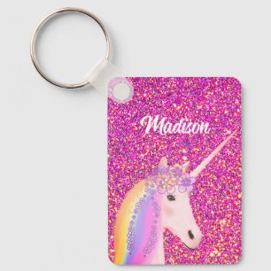 Rainbow Unicorn Pink Glitter Fantasy Personalized Keychain