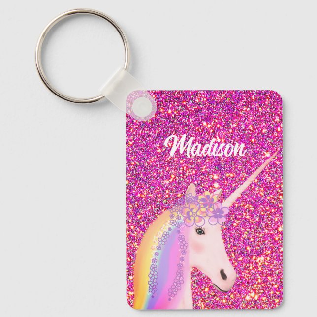 Rainbow Unicorn Pink Glitter Fantasy Personalized Keychain (Front)