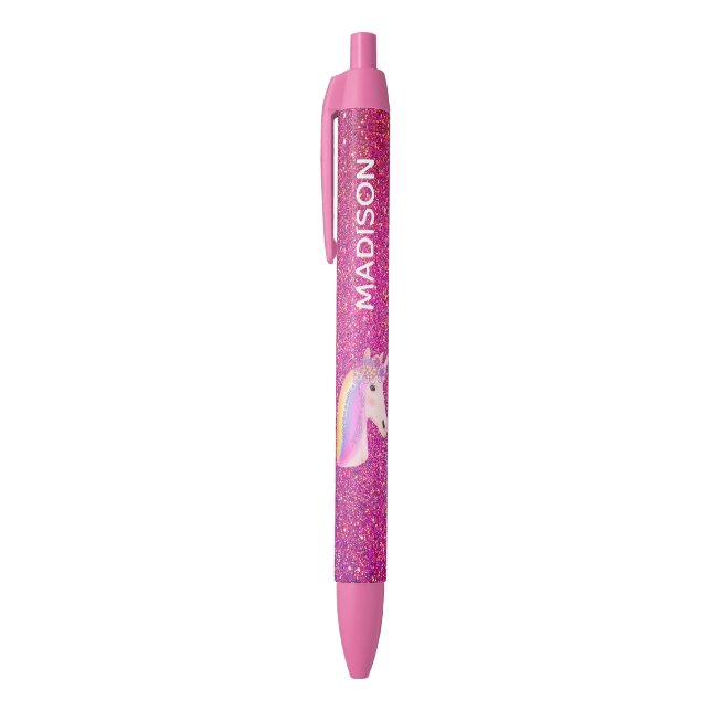 Rainbow Unicorn Pink Glitter Girls Personalized Black Ink Pen (Top (Vertical))