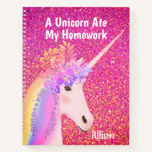 Rainbow Unicorn Pink Glitter Glam Personalized Notebook