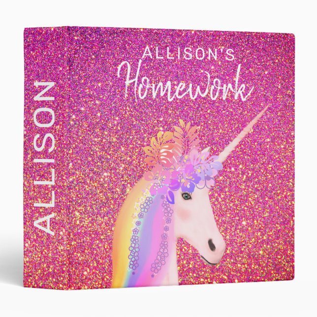 Rainbow Unicorn Pink Glitter Homework Personalized Binder (Front/Spine)