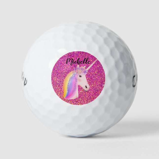 Rainbow Uniçorn Pink Glitter Magical Personalized Golf Balls (Front)