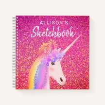 Rainbow Unicorn Pink Glitter Sketchbook With Name