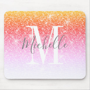 Rainbow Unicorn Pink Glitter Sparkle Monogram Name Mouse Pad