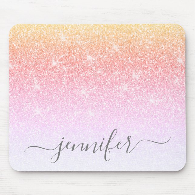 Rainbow Unicorn Pink Glitter Sparkle Your Name Mouse Pad (Front)
