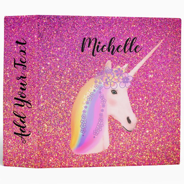 Rainbow Unicorn Pink Glitter Sparkles Customized Binder (Front/Spine)