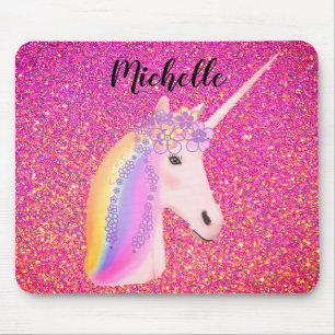 Rainbow Unicorn Pink Glitter Sparkles Personalized Mouse Pad