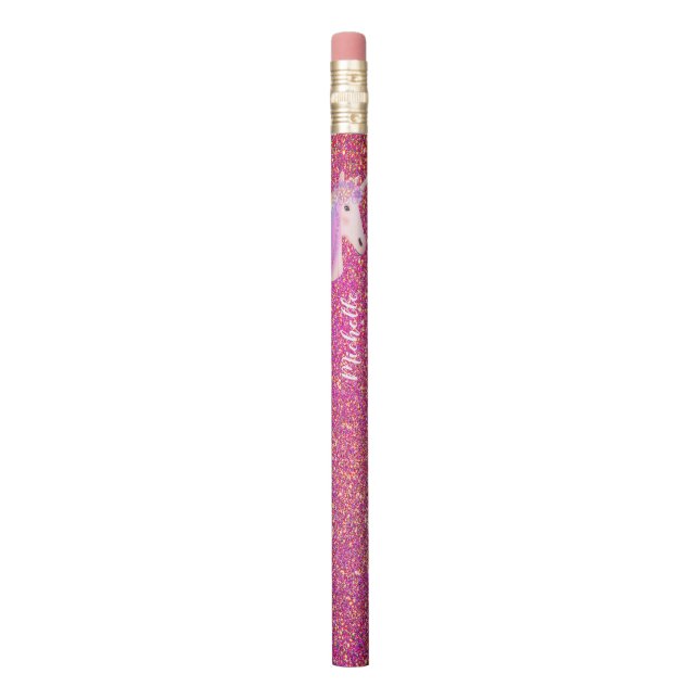 Rainbow Unicorn Pink Glitter Sparkles Personalized Pencil (Vertical)