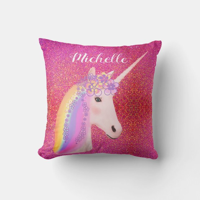 Rainbow Unicorn Pink Glitter Sparkles Personalized Throw Pillow (Front)
