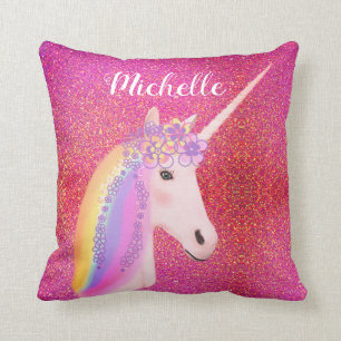 Rainbow Unicorn Pink Glitter Sparkles Personalized Throw Pillow