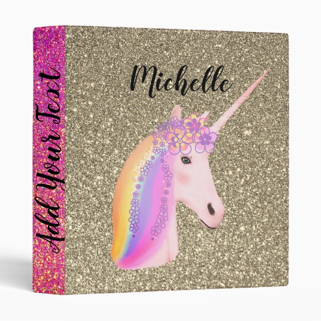 Rainbow Unicorn Pink Gold Glitter Sparkles Name Binder (Front/Spine)