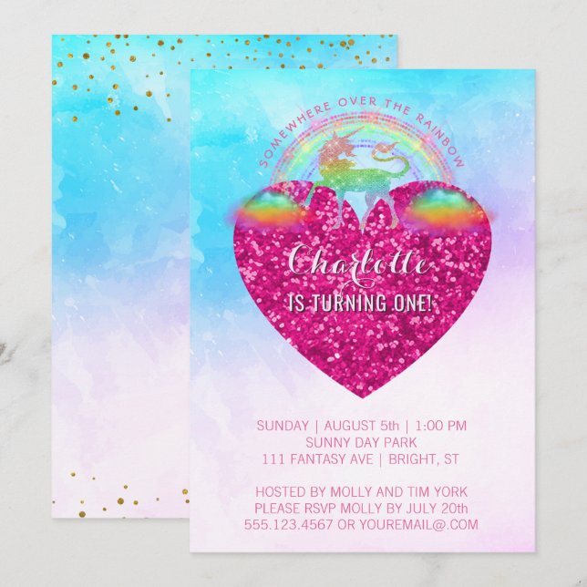 Rainbow Unicorn Pink Heart 1st Birthday Party Invitation (Front/Back)