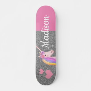 Rainbow Unicorn Pink Silver Glitter Personalized Skateboard