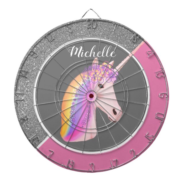 Rainbow Unicorn Pink Silver Glitter Sparkles Girls Dartboard (Front)