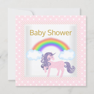 RAINBOW UNICORN PINK WHITE BABY SHOWER INVITATION