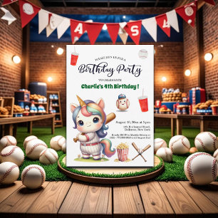Rainbow Unicorn playing Baseball 4th Birthday Invitation