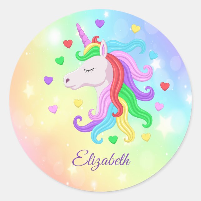 Rainbow Unicorn Pony Hearts Sparkles Girly Classic Round Sticker (Front)