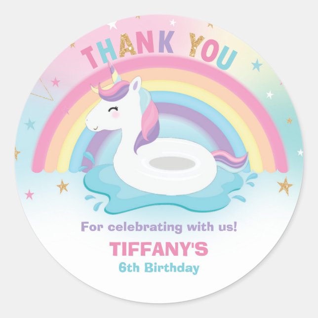 Rainbow Unicorn Pool Floatie Birthday Party Favour Classic Round Sticker (Front)