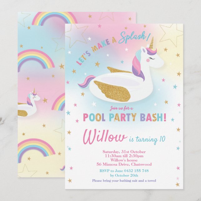 Rainbow Unicorn Pool Party Birthday Invitation (Front/Back)
