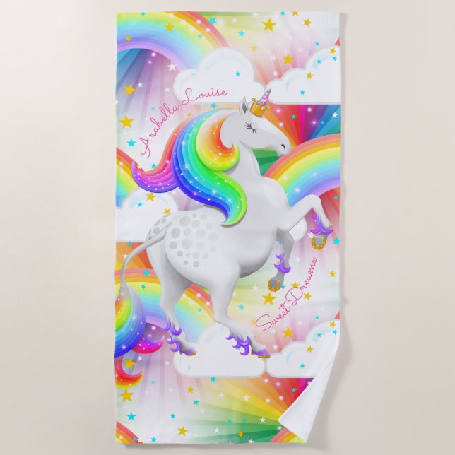 Rainbow Unicorn Princess Uplifting Personalised Beach Towel (Front)