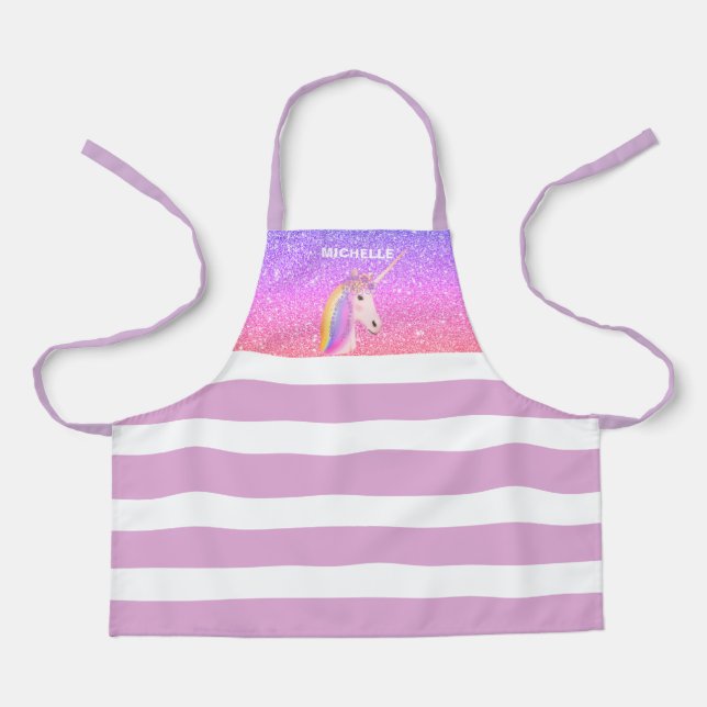 Rainbow Unicorn Purple Glitter Girls Personalized Apron (Front)