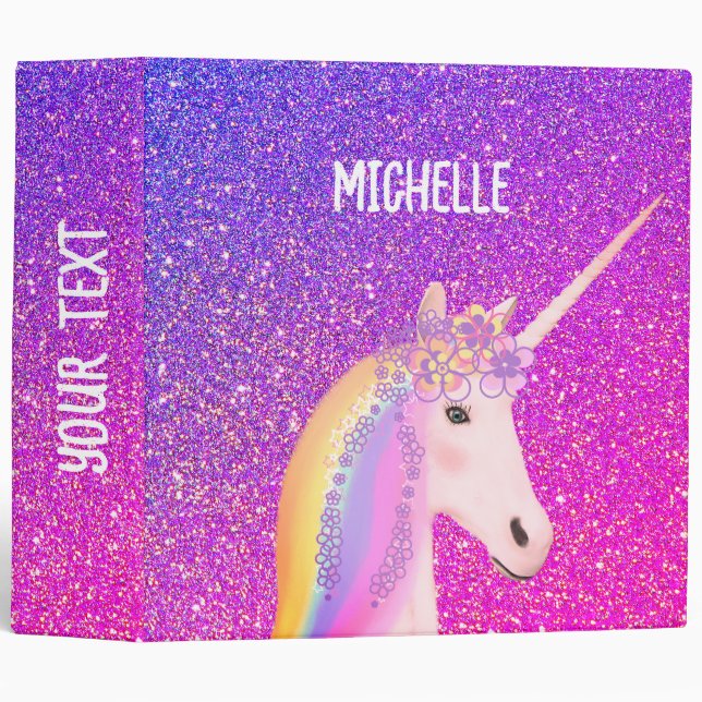 Rainbow Unicorn Purple Pink Glitter Personalized Binder (Front/Spine)
