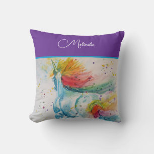 Rainbow Unicorn Purple Watercolor Girls Birthday Throw Pillow