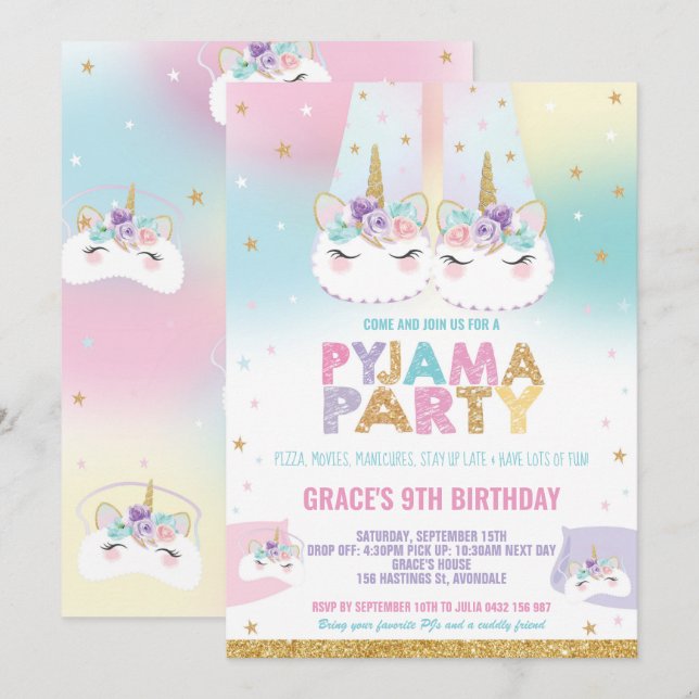 Rainbow Unicorn Pyjama Birthday Party Pajama Invitation (Front/Back)