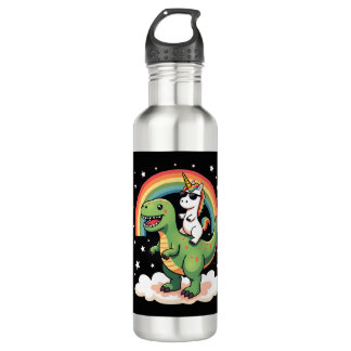 Rainbow Unicorn Riding T rex - Dinosaur Boys Girls 710 Ml Water Bottle