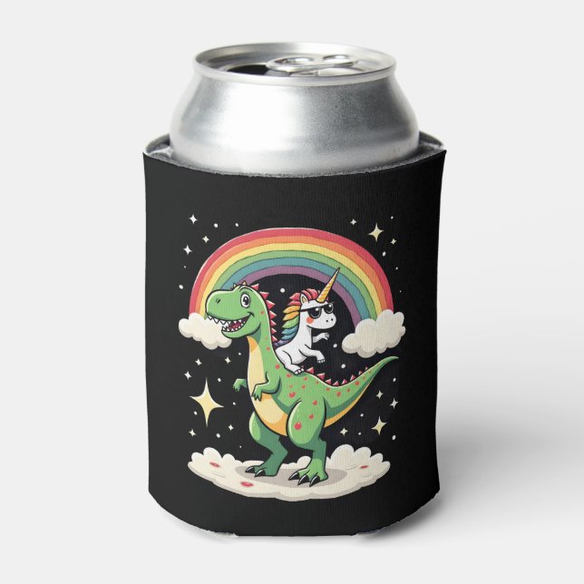 Rainbow Unicorn Riding T rex - Dinosaur Boys Girls Can Cooler (Can Front)