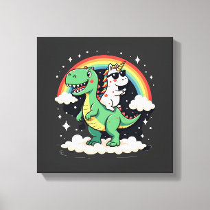 Rainbow Unicorn Riding T rex - Dinosaur Boys Girls Canvas Print