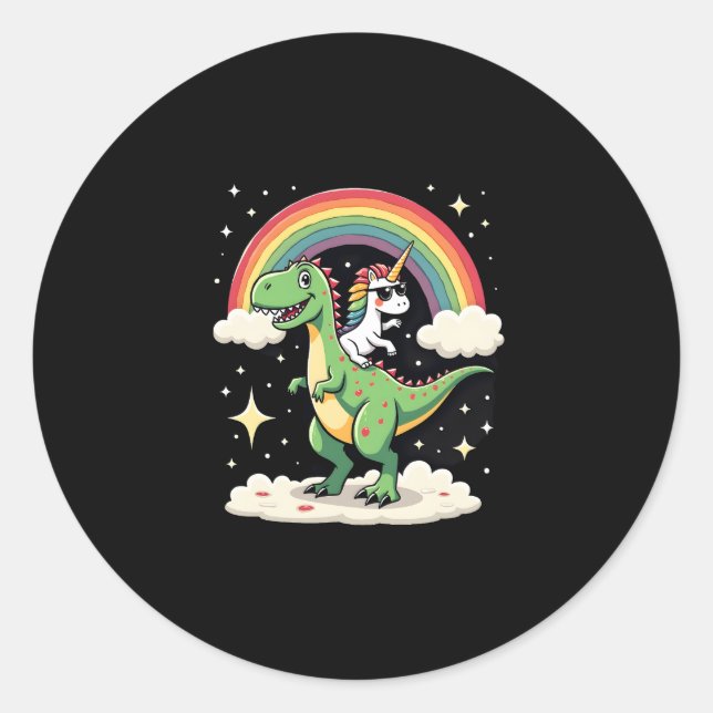 Rainbow Unicorn Riding T rex - Dinosaur Boys Girls Classic Round Sticker (Front)