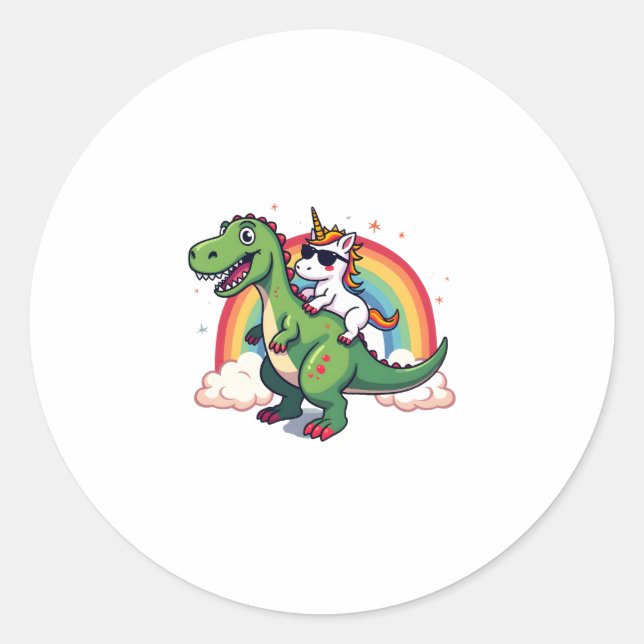 Rainbow Unicorn Riding T rex - Dinosaur Boys Girls Classic Round Sticker (Front)