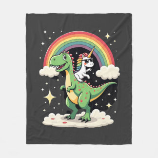 Rainbow Unicorn Riding T rex - Dinosaur Boys Girls Fleece Blanket
