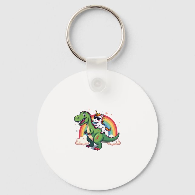 Rainbow Unicorn Riding T rex - Dinosaur Boys Girls Keychain (Front)
