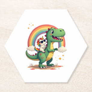Rainbow Unicorn Riding T rex - Dinosaur Boys Girls Paper Coaster
