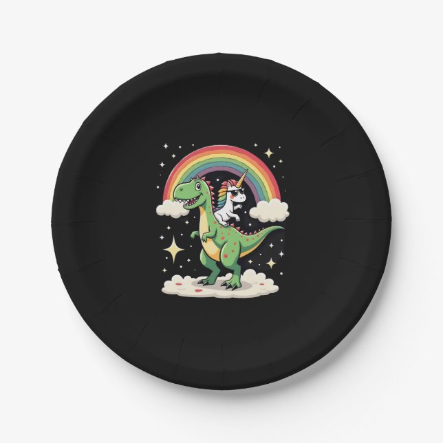 Rainbow Unicorn Riding T rex - Dinosaur Boys Girls Paper Plate (Front)