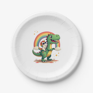 Rainbow Unicorn Riding T rex - Dinosaur Boys Girls Paper Plate