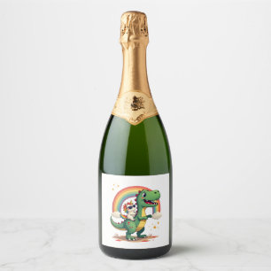 Rainbow Unicorn Riding T rex - Dinosaur Boys Girls Sparkling Wine Label