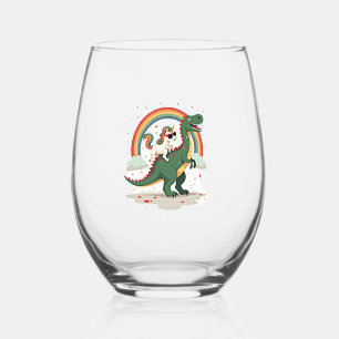 Rainbow Unicorn Riding T rex - Dinosaur Boys Girls Stemless Wine Glass