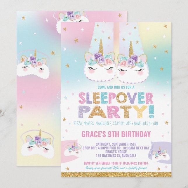 Rainbow Unicorn Sleepover Birthday Party Pajama Invitation (Front/Back)
