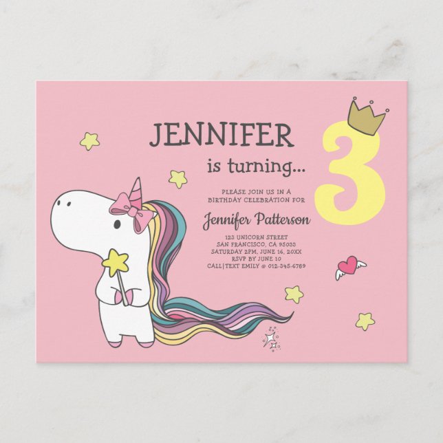 Rainbow Unicorn Stars Birthday Invitation (Front)