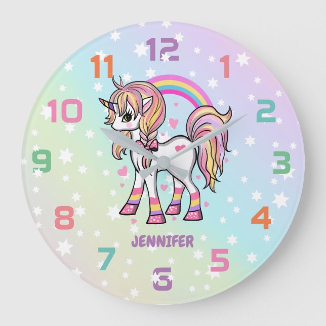 Rainbow Unicorn Stars Nursery Decor Wall Clock (Front)